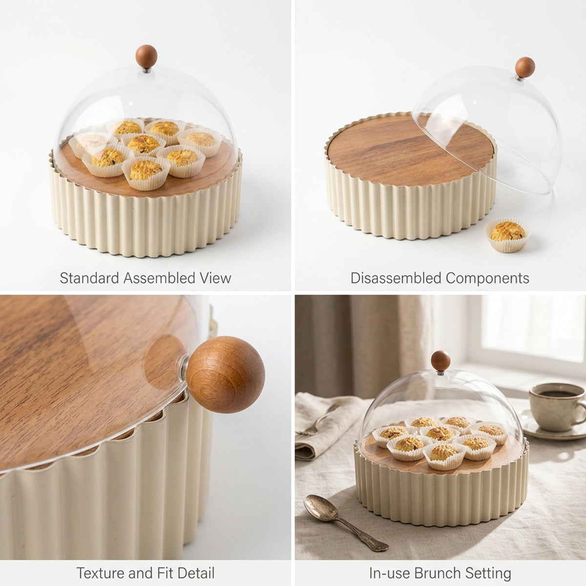 26cm Footed Wooden Cake Stand with Dome - Cream