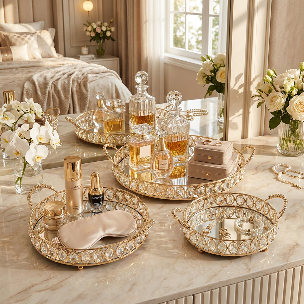 3-Piece Mirrored Serving Tray Set - Gold