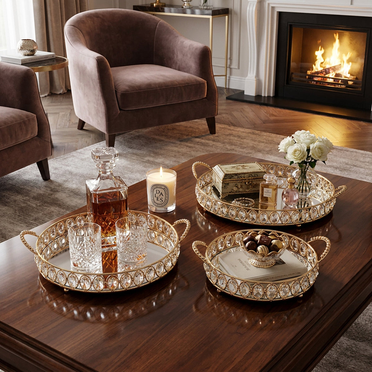3-Piece Mirrored Serving Tray Set - Gold