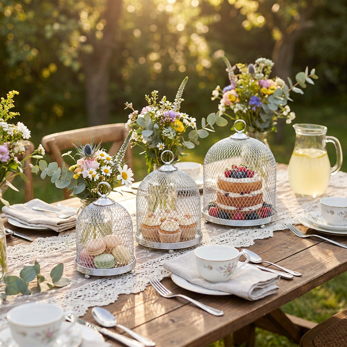 3-Piece Mesh Cake Cover Dome Set - Silver