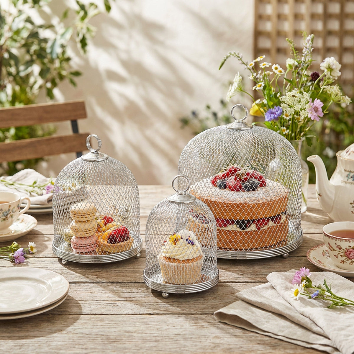 3-Piece Mesh Cake Cover Dome Set - Silver