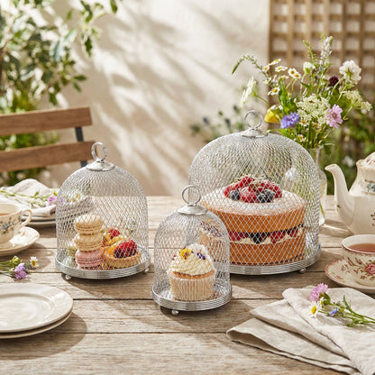 3-Piece Mesh Cake Cover Dome Set - Silver