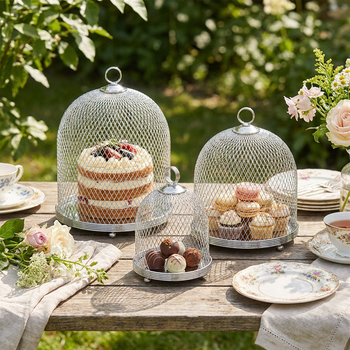 3-Piece Mesh Cake Cover Dome Set - Silver